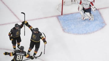 Reilly Smith #19, Jonathan Marchessault #81 and Paul Stastny #26 of the Vegas Golden Knights celebrate. (Photo by Ethan Miller/Getty Images)