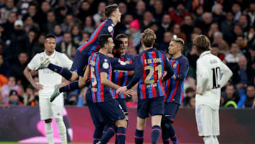 Ferran Torres with Franck Kessie, Raphinha, Frenkie de Jong, Sergio Busquets and Gavi during the Copa del Rey match between Real Madrid v FC Barcelona at the Estadio Santiago Bernabeu on March 2, 2023 in Madrid Spain (Photo by David S. Bustamante/Soccrates/Getty Images)