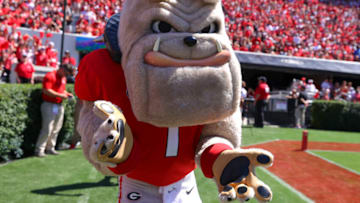 ATHENS, GA - SEPTEMBER 24: Georgia Bulldogs mascot, Hairy Dawg cheers from the sideline during the first half against the Kent State Golden Flashes at Sanford Stadium on September 24, 2022 in Athens, Georgia. (Photo by Todd Kirkland/Getty Images)