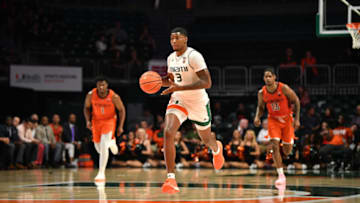 MIAMI, FL - JANUARY 30: Anthony Lawrence II #3 of the Miami Hurricanes takes the ball up the court against the Virginia Tech Hokies during the second half at Watsco Center on January 30, 2019 in Miami, Florida. (Photo by Mark Brown/Getty Images)