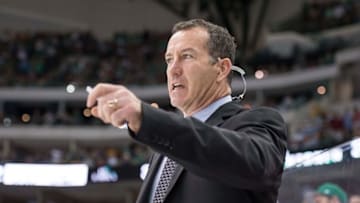 Oct 9, 2014; Dallas, TX, USA; Chicago Blackhawks assistant coach Kevin Dineen during the game against the Dallas Stars at the American Airlines Center. The Blackhawks defeat the Stars 3-2 in the overtime shootout. Mandatory Credit: Jerome Miron-USA TODAY Sports