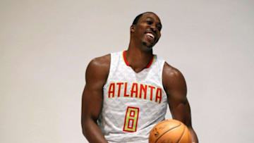 Sep 26, 2016; Atlanta, GA, USA; Atlanta Hawks center Dwight Howard (8) poses for photographs during Atlanta Hawks media day at The W Hotel. Mandatory Credit: Jason Getz-USA TODAY Sports