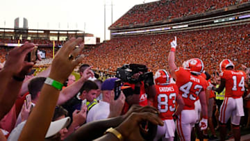 CLEMSON, SOUTH CAROLINA - AUGUST 29: Linebacker Chad Smith #43 of the Clemson Tigers points to the sky before running down the hill at Memorial Stadium before the Tigers' football game against the Georgia Tech Yellow Jackets on August 29, 2019 in Clemson, South Carolina. (Photo by Mike Comer/Getty Images)