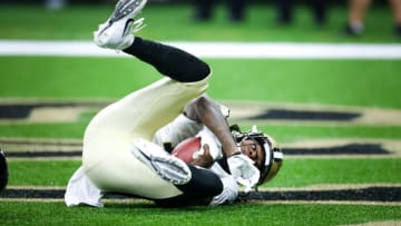Aug 23, 2021; New Orleans, Louisiana, USA; New Orleans Saints wide receiver Marquez Callaway (1) catches a touchdown pass against the Jacksonville Jaguars during the first half at Caesars Superdome. Mandatory Credit: Stephen Lew-USA TODAY Sports