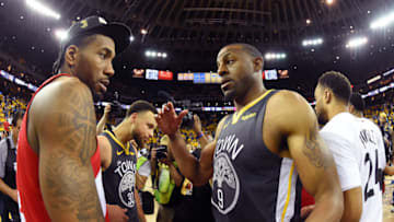 OAKLAND, CA - JUNE 13: Kawhi Leonard #2 of the Toronto Raptors and Andre Iguodala #9 of the Golden State Warriors talk after Game Six of the NBA Finals on June 13, 2019 at ORACLE Arena in Oakland, California. NOTE TO USER: User expressly acknowledges and agrees that, by downloading and/or using this photograph, user is consenting to the terms and conditions of Getty Images License Agreement. Mandatory Copyright Notice: Copyright 2019 NBAE (Photo by Andrew D. Bernstein/NBAE via Getty Images)
