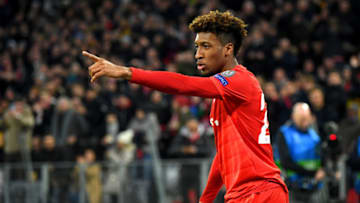 MUNICH, GERMANY - DECEMBER 11: Kingsley Coman of FC Bayern Munich celebrates after scoring his team's first goal during the UEFA Champions League group B match between Bayern Muenchen and Tottenham Hotspur at Allianz Arena on December 11, 2019 in Munich, Germany. (Photo by Michael Regan/Getty Images)