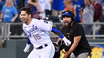 Whit Merrifield #15 of the Kansas City Royals celebrates his game-winning two-run double (Photo by Ed Zurga/Getty Images)