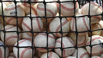 OMAHA, NE - JUNE 26: A general view of a basket of batting practice balls, during batting practice before game one of the College World Series Championship Series between the Arkansas Razorbacks and the Oregon State Beavers on June 26, 2018 at TD Ameritrade Park in Omaha, Nebraska. (Photo by Peter Aiken/Getty Images)