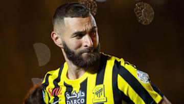 JEDDAH, SAUDI ARABIA - JUNE 08: A ceremony is held for the French football player Karim Benzema at King Abdullah Stadium on June 08, 2023 in Jeddah, Saudi Arabia. 35 year-old French soccer star, Karim Benzema holds a jersey of Al-Ittihad, a Saudi Arabian soccer team in Jeddah. Benzema left Real Madrid and signed a 3 year contract with Al-Ittihad. (Photo by Stringer/Anadolu Agency via Getty Images)