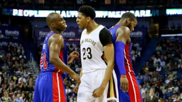 Mar 4, 2015; New Orleans, LA, USA; New Orleans Pelicans forward Anthony Davis (23) reacts after a basket as Detroit Pistons guard Jodie Meeks (20) and forward Greg Monroe (10) look on during the fourth quarter of a game at the Smoothie King Center. The Pelicans defeated the Pistons 88-85. Mandatory Credit: Derick E. Hingle-USA TODAY Sports