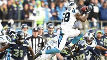 Jan 17, 2016; Charlotte, NC, USA; Carolina Panthers outside linebacker Thomas Davis (58) catches an onside kick during the fourth quarter against the Seattle Seahawks in a NFC Divisional round playoff game at Bank of America Stadium. Carolina won 31-24. Mandatory Credit: John David Mercer-USA TODAY Sports