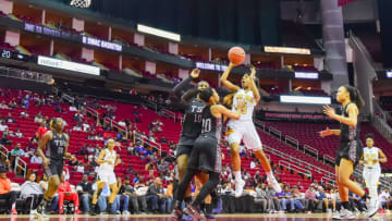HOUSTON, TX - MARCH 11: Grambling State Tigers guard Shakyla Hill (5) hits a first half floater during the SWAC Basketball Tournament Championship game between Grambling State and Texas Southern on March 11, 2017 at the Toyota Center in Houston, Texas. (Photo by Ken Murray/Icon Sportswire via Getty Images)