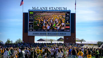 Nov 13, 2021; Waco, Texas, USA; The Baylor Bears fans and students rush the field with three second still left on the clock in the game between the Baylor Bears and the Oklahoma Sooners at McLane Stadium. Mandatory Credit: Jerome Miron-USA TODAY Sports