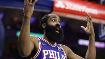 James Harden #1 of the Philadelphia 76ers reacts during the second quarter against the Toronto Raptors(Photo by Tim Nwachukwu/Getty Images)