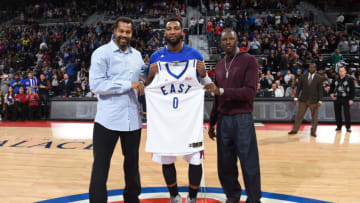 AUBURN HILLS, MI - FEBRUARY 10: Former NBA players, Rasheed Wallace and Ben Wallace present Andre Drummond #0 of the Detroit Pistons with his All Star Jersey before the game against the Denver Nuggets on February 10, 2016 at The Palace of Auburn Hills in Auburn Hills, Michigan. NOTE TO USER: User expressly acknowledges and agrees that, by downloading and or using this Photograph, user is consenting to the terms and conditions of the Getty Images License Agreement. Mandatory Copyright Notice: Copyright 2016 NBAE (Photo by Allen Einstein/NBAE via Getty Images)