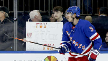 Mar 7, 2020; New York, New York, USA; New York Rangers center Ryan Strome (16) flips the puck with his stick during pregame warmups prior to the game against the New Jersey Devils at Madison Square Garden. Mandatory Credit: Andy Marlin-USA TODAY Sports