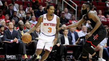 Dec 31, 2016; Houston, TX, USA; New York Knicks guard Brandon Jennings (3) drives towards the basket against Houston Rockets guard James Harden (13) during the third quarter at Toyota Center. Mandatory Credit: Erik Williams-USA TODAY Sports