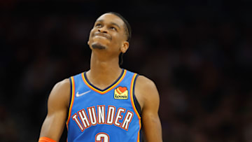 Shai Gilgeous-Alexander #2 of the Oklahoma City Thunder reacts during the second half of the NBA game at Footprint Center on December 23, 2021 in Phoenix, Arizona. The Suns defeated the Thunder 113-101. (Photo by Christian Petersen/Getty Images)