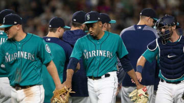 SEATTLE, WA - JULY 20: Edwin Diaz #39 of the Seattle Mariners greets his teammates after securing a win at Safeco Field on July 20, 2018 in Seattle, Washington. The Seattle Mariners beat the Chicago White Sox 3-1. (Photo by Lindsey Wasson/Getty Images)