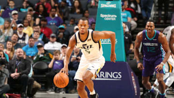 CHARLOTTE, NC - JANUARY 12: Rodney Hood #5 of the Utah Jazz brings the ball up court against the Charlotte Hornets on January 12, 2018 at Spectrum Center in Charlotte, North Carolina. NOTE TO USER: User expressly acknowledges and agrees that, by downloading and or using this photograph, User is consenting to the terms and conditions of the Getty Images License Agreement. Mandatory Copyright Notice: Copyright 2018 NBAE (Photo by Kent Smith/NBAE via Getty Images)