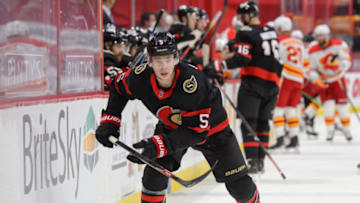 OTTAWA, ON - MARCH 1: Mike Reilly #5 of the Ottawa Senators skates against the Calgary Flames at Canadian Tire Centre on March 1, 2021 in Ottawa, Ontario, Canada. (Photo by Matt Zambonin/Freestyle Photography/Getty Images)