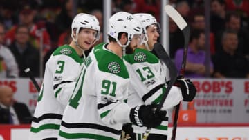 CHICAGO, IL - NOVEMBER 30: Dallas Stars defenseman John Klingberg (3), center Tyler Seguin (91), and center Mattias Janmark (13) talk during a game between the Chicago Blackhawks and the Dallas Stars on November 30, 2017, at the United Center in Chicago, IL. (Photo by Patrick Gorski/Icon Sportswire via Getty Images)
