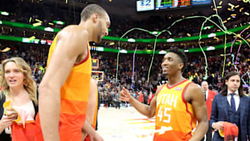 Donovan Mitchell, Rudy Gobert, Utah Jazz. Copyright 2018 NBAE (Photo by Melissa Majchrzak/NBAE via Getty Images)