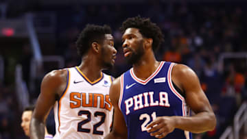 Phoenix Suns, Deandre Ayton and 76ers Joel Embiid (Photo by Mark J. Rebilas-USA TODAY Sports)