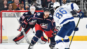 COLUMBUS, OH - DECEMBER 31: David Savard #58 of the Columbus Blue Jackets skates against the Tampa Bay Lightning on December 31, 2017 at Nationwide Arena in Columbus, Ohio. (Photo by Jamie Sabau/NHLI via Getty Images)