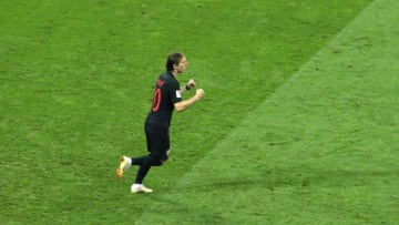 SOCHI, RUSSIA - JULY 07: Luka Modric of Croatia celebrates scoring his team's third penalty in the penalty shoot out during the 2018 FIFA World Cup Russia Quarter Final match between Russia and Croatia at Fisht Stadium on July 7, 2018 in Sochi, Russia. (Photo by Catherine Ivill/Getty Images)