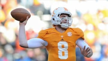 Nov 24, 2012; Knoxville, TN, USA; Tennessee Volunteers quarterback Tyler Bray (8) during the game against the Kentucky Wildcats at Neyland Stadium. Tennessee won by a score of 37 to 17. Mandatory Credit: Randy Sartin-USA TODAY Sports
