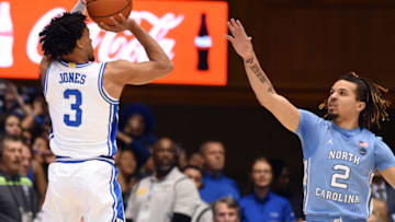 Duke basketball point guard Tre Jones and North Carolina guard Cole Anthony (Mandatory Credit: Rob Kinnan-USA TODAY Sports)