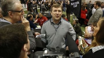 Jan 9, 2016; Phoenix, AZ, USA; Alabama Crimson Tide defensive coordinator Kirby Smart answers questions at media day at Phoenix Convention Center. Mandatory Credit: Matthew Emmons-USA TODAY Sports