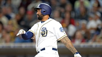 Jun 6, 2016; San Diego, CA, USA; San Diego Padres right fielder Matt Kemp (27) hits an RBI double during the fifth inning against the Atlanta Braves at Petco Park. Mandatory Credit: Jake Roth-USA TODAY Sports