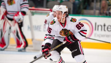 Mar 11, 2016; Dallas, TX, USA; Chicago Blackhawks center Andrew Shaw (65) skates against the Dallas Stars during the game at the American Airlines Center. The Stars defeat the Blackhawks 5-2. Mandatory Credit: Jerome Miron-USA TODAY Sports