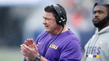 ORLANDO, FL - JANUARY 01: Head coach Ed Orgeron of the LSU Tigers looks on against the Notre Dame Fighting Irish during the Citrus Bowl on January 1, 2018 in Orlando, Florida. Notre Dame won 21-17. (Photo by Joe Robbins/Getty Images)