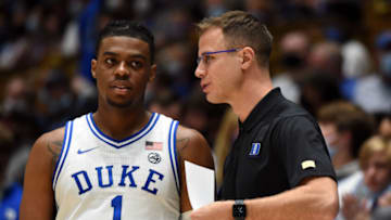 Duke basketball guard Trevor Keels and coach Jon Scheyer (Rob Kinnan-USA TODAY Sports)