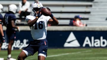 Auburn football wide receiver Malcolm Johnson Jr. (16) catches a pass during an open football practice at Jordan-Hare Stadium in Auburn, Ala., on Saturday, March 20, 2021.