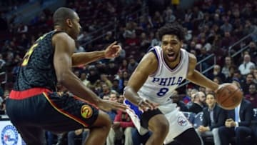 Jan 7, 2016; Philadelphia, PA, USA; Philadelphia 76ers center Jahlil Okafor (8) dribbles during the first quarter of the game against the Atlanta Hawks at Wells Fargo Center. Mandatory Credit: John Geliebter-USA TODAY Sports