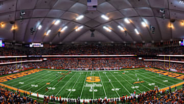 SYRACUSE, NY - NOVEMBER 09: **editors note: this is a digitally created panorama** General view during the game between the Syracuse Orange and the Louisville Cardinals at the Carrier Dome on November 9, 2018 in Syracuse, New York. (Photo by Brett Carlsen/Getty Images) *** Local Caption ***