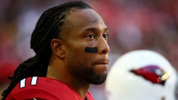 GLENDALE, AZ - DECEMBER 23: Arizona Cardinals wide receiver Larry Fitzgerald (11) sits on the sideline during the NFL football game between the Arizona Cardinals and the Los Angeles Rams on December 23, 2018 at State Farm Stadium in Glendale, AZ (Photo by Adam Bow/Icon Sportswire via Getty Images)