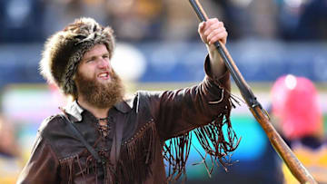 MORGANTOWN, WV - OCTOBER 22: The West Virginia Mountaineers mascot The Mountaineer during the game against the TCU Horned Frogs at Mountaineer Field on October 22, 2016 in Morgantown, West Virginia. (Photo by Joe Sargent/Getty Images)