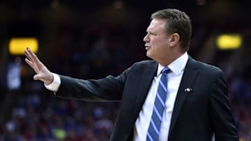 Mar 10, 2016; Kansas City, MO, USA; Kansas Jayhawks head coach Bill Self reacts to a call in the second half against the Kansas State Wildcats during the Big 12 Conference tournament at Sprint Center. Kansas won 85-63. Mandatory Credit: Denny Medley-USA TODAY Sports