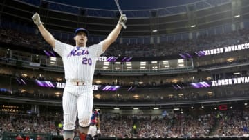 CLEVELAND, OH - JULY 08: Pete Alonso #20 of the New York Mets celebrates after advancing to the final round of the T-Mobile Home Run Derby at Progressive Field on Monday, July 8, 2019 in Cleveland, Ohio. (Photo by Alex Trautwig/MLB Photos via Getty Images)