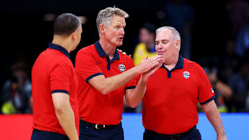 MANILA, PHILIPPINES - SEPTEMBER 03: Head coach Steve Kerr (C) of the United States reacts towards referees after the FIBA Basketball World Cup 2nd Round Group J loss to Lithuania at Mall of Asia Arena on September 03, 2023 in Manila, Philippines. Lithuania won 110-104. (Photo by Yong Teck Lim/Getty Images)