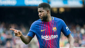 BARCELONA, SPAIN - APRIL 14: Samuel Umtiti of FC Barcelona celebrates during the La Liga match between Barcelona and Valencia at Camp Nou on April 14, 2018 in Barcelona, Spain. (Photo by Power Sport Images/Getty Images)