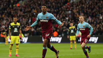 LONDON, ENGLAND - FEBRUARY 29: Sebastien Haller of West Ham United celebrates after scoring a goal to make it 2-1 during the Premier League match between West Ham United and Southampton FC at London Stadium on February 29, 2020 in London, United Kingdom. (Photo by James Williamson - AMA/Getty Images)