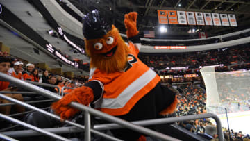 PHILADELPHIA, PA - SEPTEMBER 19: Flyers mascot Gritty runs through the crowd in the second period during the game between the Boston Bruins and Philadelphia Flyers on September 19, 2019 at Wells Fargo Center in Philadelphia, PA. (Photo by Kyle Ross/Icon Sportswire via Getty Images)