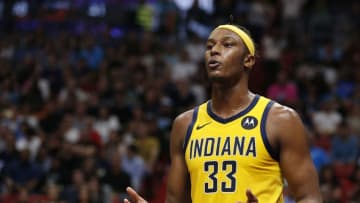 Myles Turner #33 of the Indiana Pacers reacts against the Miami Heat (Photo by Michael Reaves/Getty Images)