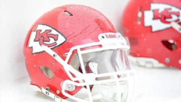 Dec 8, 2013; Landover, MD, USA; General view of Kansas City Chiefs helmet before the game against the Washington Redskins at FedEx Field. Mandatory Credit: Brad Mills-USA TODAY Sports